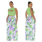 Sleeveless Top Print Wide Leg Pants Two Piece Set YF-10458