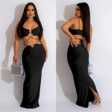 Solid Color Bandage Sleeveless Maxi Dress BY-6309