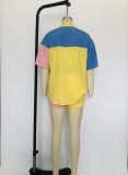 Color Block Splicing Shirt Shorts Two Piece Set MIL-L455