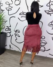 Solid Color Tassel Irregular Half Skirt  HTF-6092