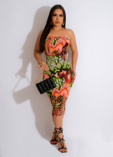 Print Wrap Chest Slim Midi Dress TE-4623