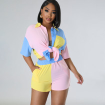 Color Block Splicing Shirt Shorts Two Piece Set MIL-L455