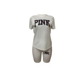 PINK Letter Print Short Sleeve Shorts Sports Suit LSD-83200