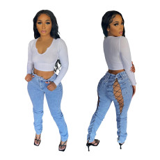 Fashion Hollow Out Bandage Jeans LX-6950