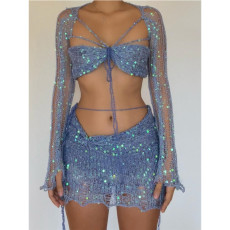 Sexy Sequin Knits Long Sleeve Three Piece Set GCNF-0214