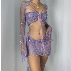 Sexy Sequin Knits Long Sleeve Three Piece Set GCNF-0214