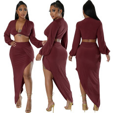 Sexy Fashion Solid Crop Top And Skirts 2 Piece Set SMR-11875