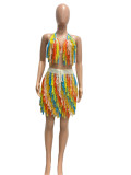 See-through Knitted Tassel Multicolor Beach Skirt Set YMEF-5155