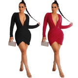 Sexy Fashion Solid Color V-Neck Dress SMR-11869