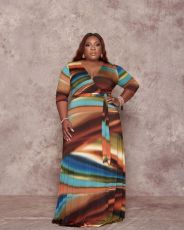 Plus Size Print V Neck Waist Belt Long Dress YIDF-81362