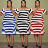 Plus Size Stripe Print Short Sleeve Midi Dress WAF-77551