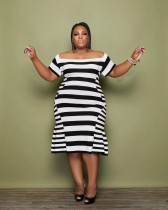 Plus Size Stripe Print Short Sleeve Midi Dress WAF-77551