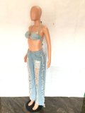 Sexy Tie Up Bra And Holes Jeans Two Piece Set LX-5529