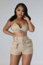 Halter Top Pocket Shorts Sexy Two Piece Set CQF-90123