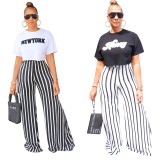 Printed Top Striped Loose Straight Wide Leg Pants Suit OLYF-6117
