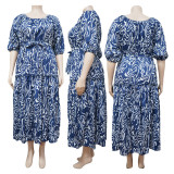 Plus Size Fashion Print Half Sleeve Big Swing Maxi Dress NNWF-3104