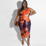Plus Size Print Sleeveless Tie Up Two Piece Skirt Set NNWF-7817