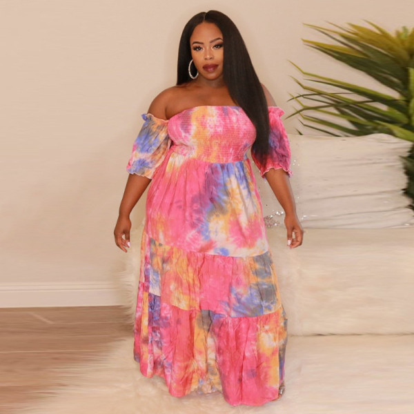 Plus Size Tie Dye Print Off Shoulder  Maxi Dress NNWF-3080