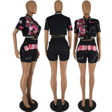 Fashion Letter Print Short Sleeve Two Piece Shorts Set FOSF-8356