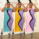 Plus Size Printed Contrast Color Irregular Long Dress HTF-6093