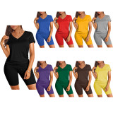 Solid Color V Neck Shorts Sleeve Shorts 2 Piece Set SHD-9411