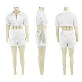 Solid Color Stacked Sleeve Shirt Two Piece Shorts Set  DDF-88203