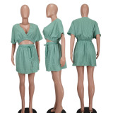 Solid Color V Neck Waist Belt Skirts Two Piece Set YD-8711