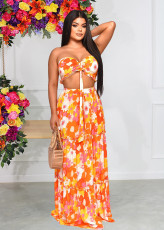 Print Tie Up Tube Tops And Big Swing Skirt 2 Piece Set XMY-9410