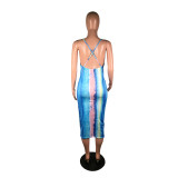 Tie Dye Print Sling Backless Midi Dress BS-1342