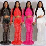 Solid Mesh Hot Drill Long Sleeve Two Piece Skirts Set BY-6318