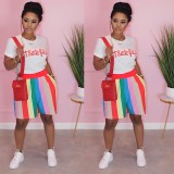 Casual Print T Shirt And Stripe Shorts Two Piece Set OMY-11012