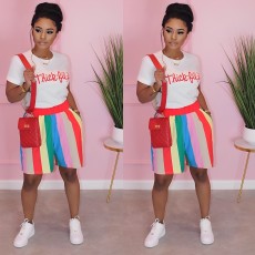 Casual Print T Shirt And Stripe Shorts Two Piece Set OMY-11012