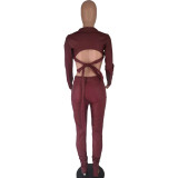 Solid Color Irregular PU Leather Two Piece Pant Set CQF-90125