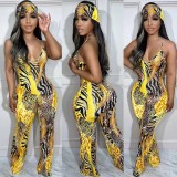 Leopard Print Sling Jumpsuit With Headscarf OD-8547