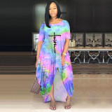 Plus Size Colorful Tie Dye Print Loose Irregular Dress WAF-70221