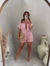Solid Color Short Sleeve Shirt And Shorts Two Piece Set GEYF-68579