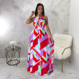 Sexy Print Halter Tie Up Backless Maxi Dress YF-10490