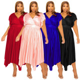 Plus Size V Neck Ruffle Sleeve Long Dress NNWF-7823