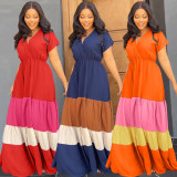 Short Sleeve Color Blocking Loose Maxi Dress MIL-L465