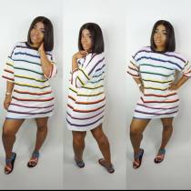 Stripes Half Sleeve Loose T Shirt Dress ORY-5095