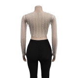 Mesh Hot Drill Beaded Pullover BY-6355