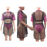 Sexy Stripe Bikinis And Mesh Cover Up Swimsuit Three Piece Set  OY-6505