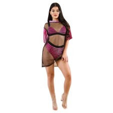 Sexy Stripe Bikinis And Mesh Cover Up Swimsuit Three Piece Set  OY-6505