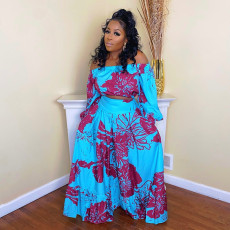 Print One Shoulder Tops And Big Swing Skirt Two Piece Set OD-8555