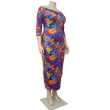 Plus Size 3/4 Sleeve Print Maxi Dress NNWF-5008