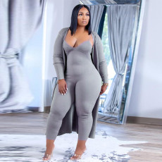 Plus Size Solid Long Cardigan And Sling Jumpsuit Two Piece Set NNWF-3179