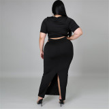 Plus Size Hollow Out Short Sleeve Tight Skirt Two Piece Set NNWF-3072