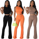 Solid Sleeveless Tops And Flare Pant Two Piece Set JPF-1085