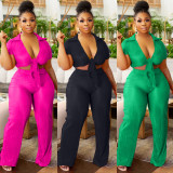 Solid Color Tie Up Tops And Wide Leg Pants Two Piece Set YNSF-1897