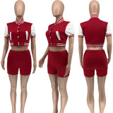 Patchwork Baseball Coat And Shorts Sport Two Piece Set WSYF-59250